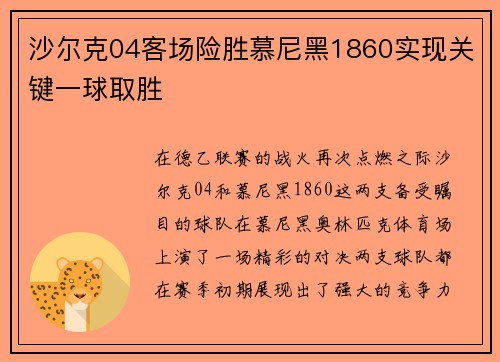 沙尔克04客场险胜慕尼黑1860实现关键一球取胜